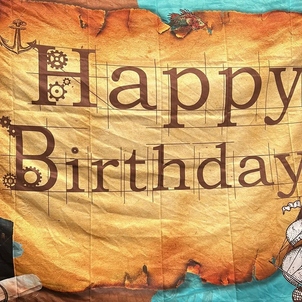 Pirate map happy birthday backdrop & jolly Roger flag, 3 x 5